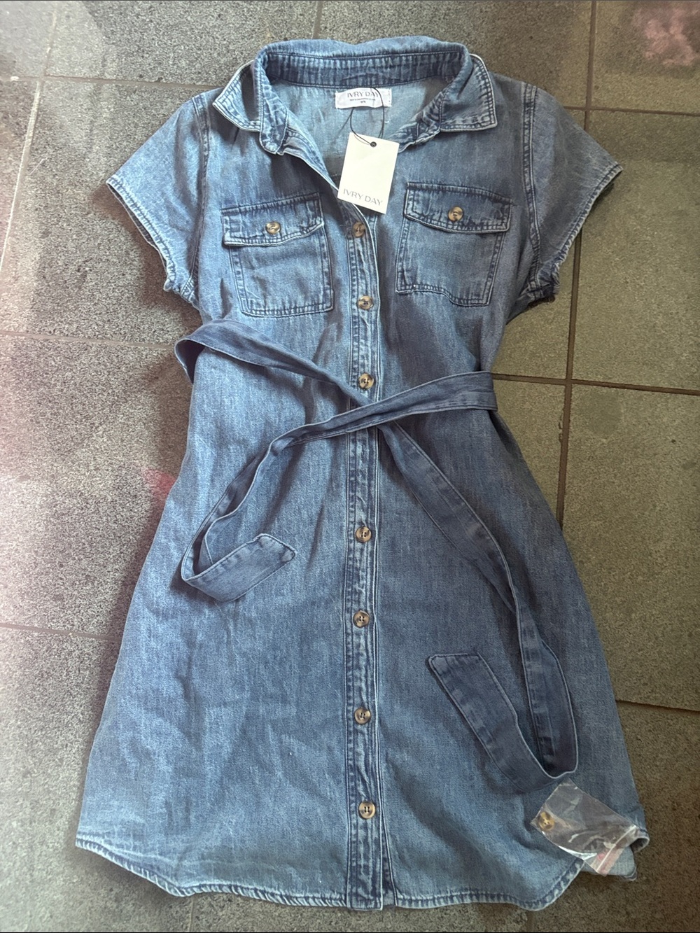 Denim Shirt Dress with Tie Belt - Blue
